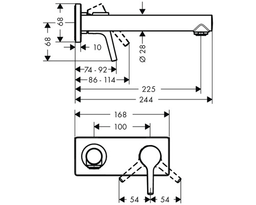 Rozměrový nákres umyvadlové baterie pro montáž na stěnu s rozměry