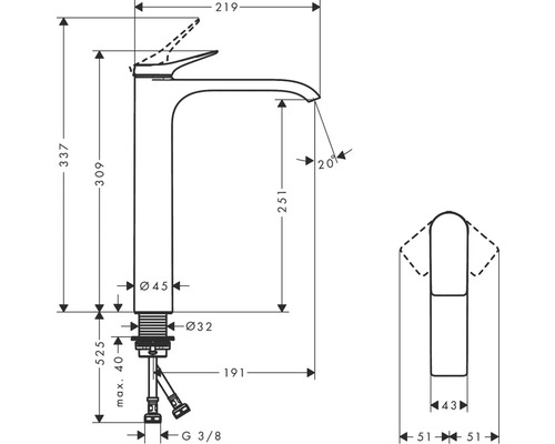 Technický nákres umyvadlové baterie s rozměry.