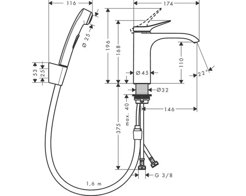 Technický výkres umyvadlové baterie s ruční sprchou a rozměry