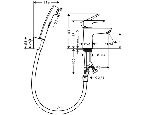 Rozměrový výkres umyvadlové baterie s sprchovou hadicí a ruční sprchou.