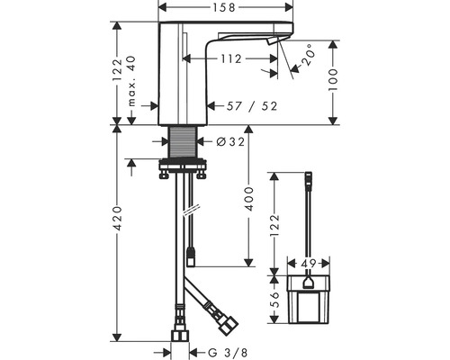 Technický výkres vodovodní baterie s rozměry