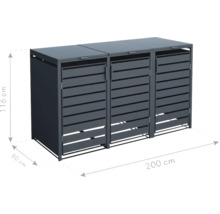 Box na popelnice pro tři popelnice o rozměrech 200 cm x 80 cm x 116 cm