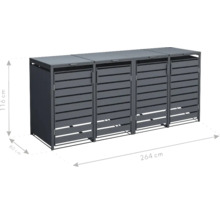 Box na popelnice pro čtyři popelnice, celková velikost 264 x 80 x 116 centimetrů