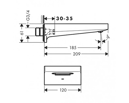 Rozměrový nákres umyvadlové baterie pro montáž na stěnu