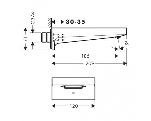 Technický výkres umyvadlové baterie s rozměry.
