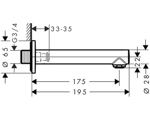 Technický nákres nástěnného výtoku s rozměry