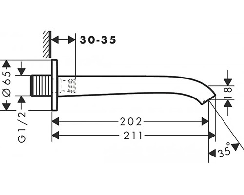 Technický výkres nástěnného výtoku s rozměry