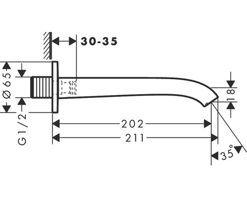 Technický nákres nástěnného výtoku s rozměry