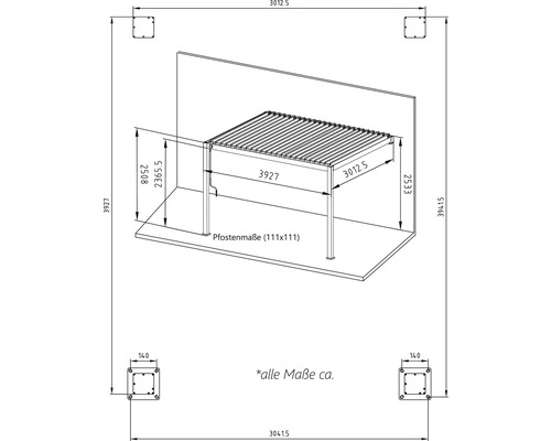 Technický nákres zastřešení terasy s rozměry