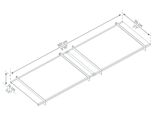 Technický nákres podstavce o rozměrech 301 x 94 x 14 centimetrů