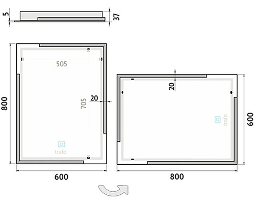 Technický výkres zrcadla o rozměrech 600 x 800 mm a 800 x 600 mm