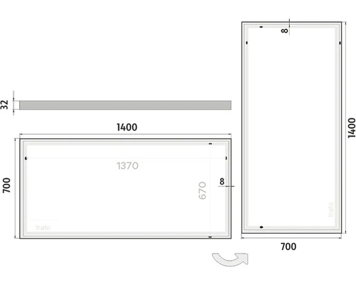 Technický nákres zrcadla o rozměrech 1400 x 700 mm.