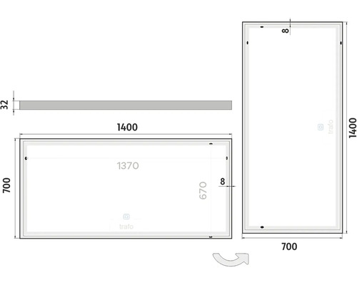 Technický nákres zrcadla o rozměrech 1400 x 700 mm.