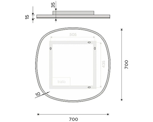 Technický nákres zrcadla s rozměry.