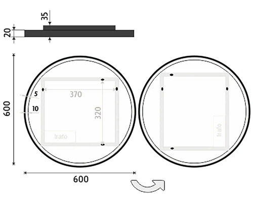 Technický výkres kulatého zrcadla s rozměry