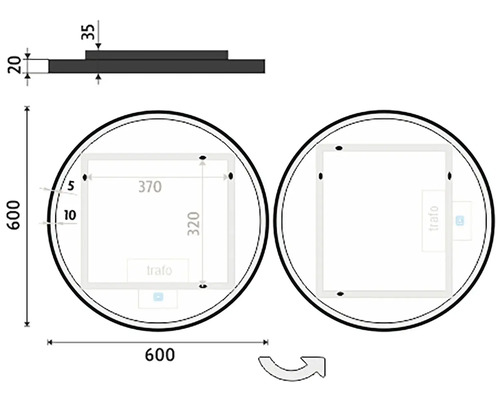 Technický nákres kulatého stropního svítidla s rozměry