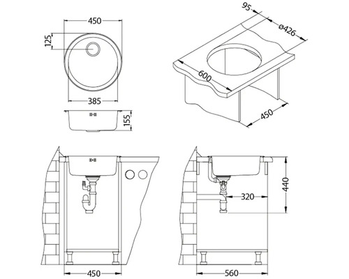 Technický výkres umyvadla s rozměry