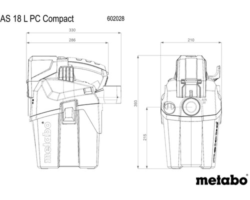 Metabo AS 18 L PC Compact vysavač, technický nákres s rozměry