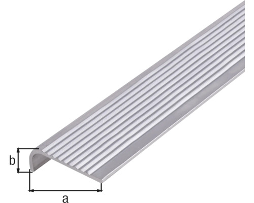 Hliníkový profil hran schodů s drážkami a rozměry.
