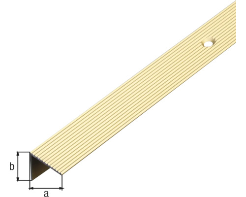 Schodový profil z kovu s vroubkovaným povrchem a montážním otvorem