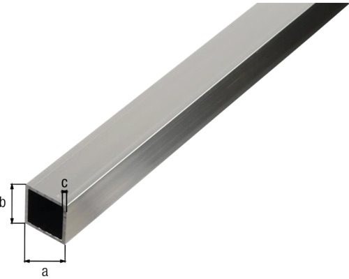 Čtvercová hliníková trubka s rozměry a, b a c.