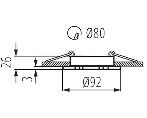 Technický nákres vestavného bodového svítidla o průměru 80 mm a 92 mm a výšce 26 mm a 3 mm.