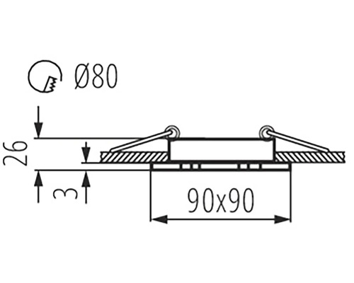 Technický výkres s rozměry svítidla: průměr 80 mm, čtverec 90 x 90 mm, výška 26 mm a 31 mm