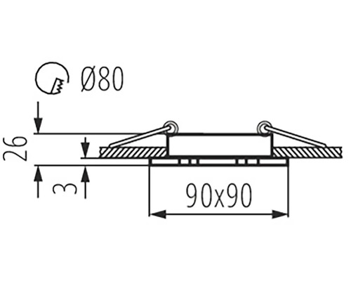 Technický výkres s rozměry pro zapuštěné bodové svítidlo: průměr 80 mm, čtverec 90 x 90 mm, výška 26 mm a 3 mm