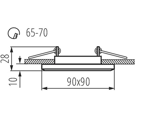 Technický výkres vestavného svítidla o rozměrech 90 x 90 mm.