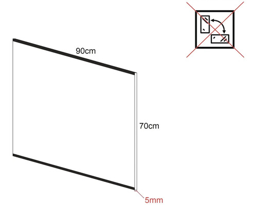 Ilustrace rámu o rozměrech 90 x 70 centimetrů o tloušťce 5 milimetrů, symbol pro Nestohovatelné