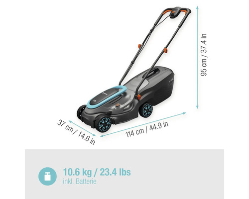 Akumulátorová sekačka Gardena s rozměry a hmotností