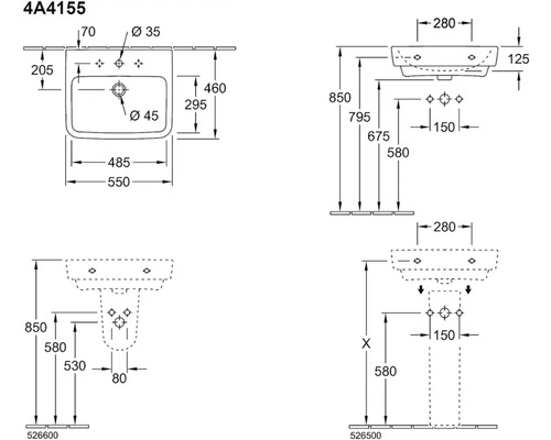 Technický výkres umyvadla s rozměry