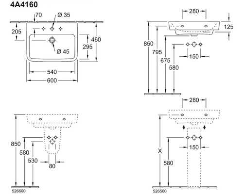 Technický nákres umyvadla s rozměry