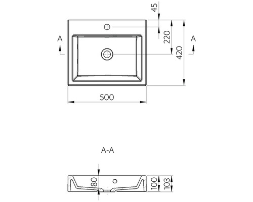 Technický nákres umyvadla s rozměry