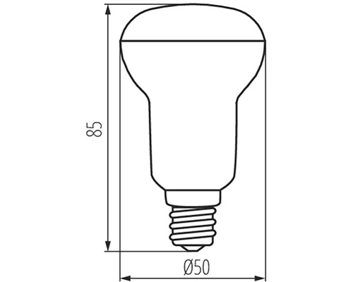 Nákres reflektorové lampy o rozměrech 85 milimetrů výšky a 50 milimetrů v průměru
