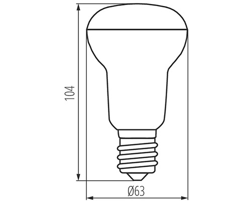 Technický nákres reflektorové lampy s rozměry 104 milimetrů výška a 63 milimetrů průměr.