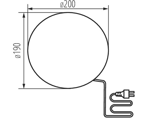 Technický nákres kulatého svítidla o průměru 200 mm a výšce 190 mm