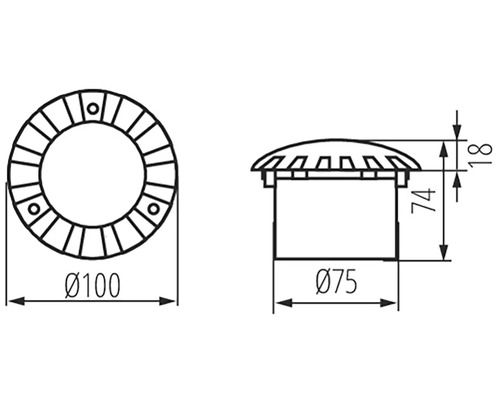 Technický výkres zemního svítidla s rozměry
