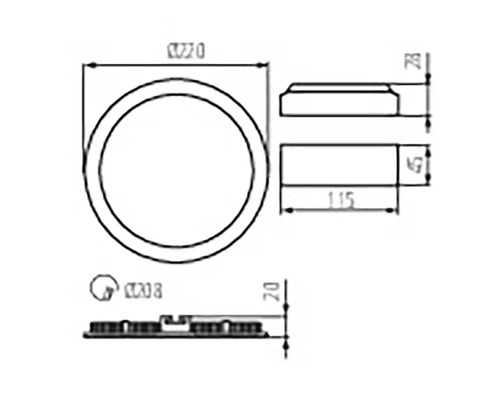 Technický výkres s rozměry kulatého vestavného LED světla