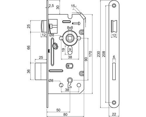 Technický výkres zadlabacího zámku s rozměry