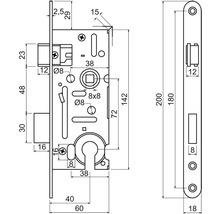 Technický nákres zadlabacího zámku s rozměry