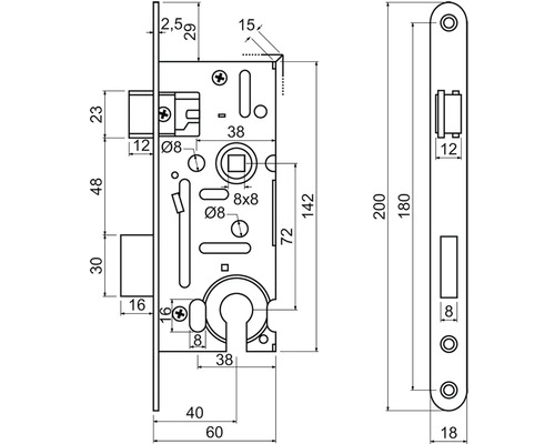 Technický nákres zadlabacího zámku s rozměry