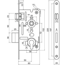 Technický výkres zadlabacího zámku s rozměry