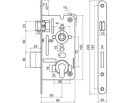 Technický výkres zadlabacího zámku s rozměry