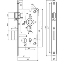 Technický výkres zadlabacího zámku s rozměry