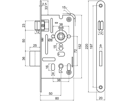 Technický výkres zadlabacího zámku s rozměry