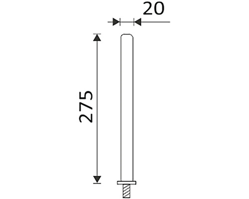 Technický nákres kolíku o rozměrech 275 milimetrů na délku a 20 milimetrů na šířku