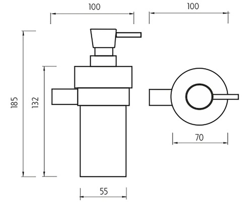 Technický nákres dávkovače mýdla s rozměry