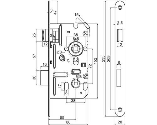 Technický výkres zadlabacího zámku s rozměry