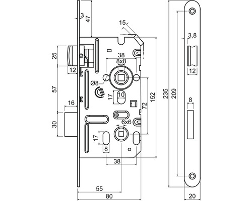 Technický výkres zadlabacího zámku s rozměry